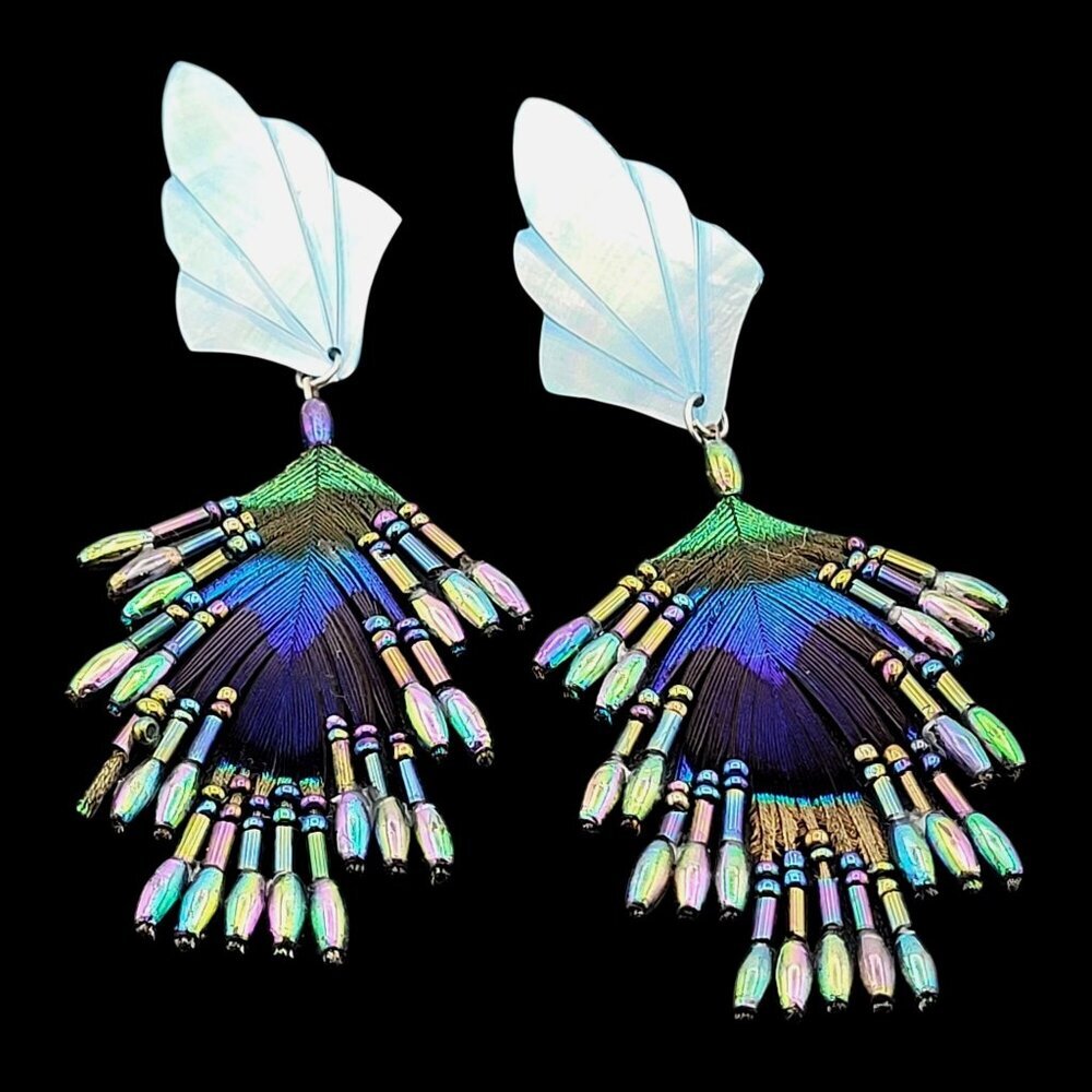 Handcrafted Iridescent Peacock Feather & Bead Earrings Shell Leaf Design 3.5" - Picture 6 of 7
